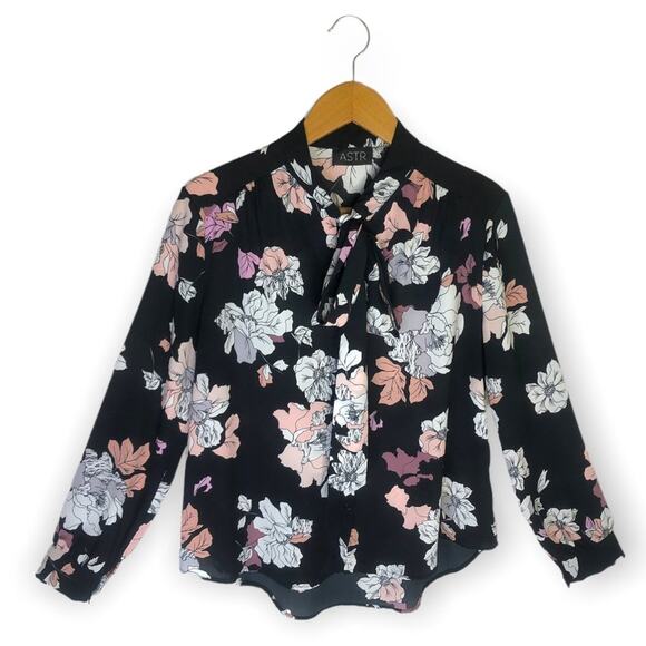 Astr The Label Tie Neck Long Sleeve Blouse Top Size S Black Pink Floral Sheer - Picture 1 of 13